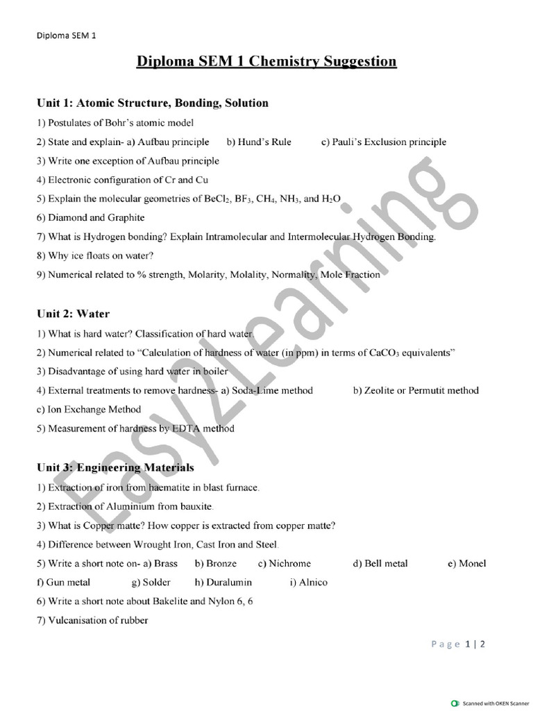 Dip 1st Sem Chemistry Suggestion-1 | PDF