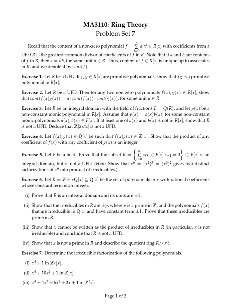 (MA3110) Problem Set 7 | PDF | Factorization | Polynomial