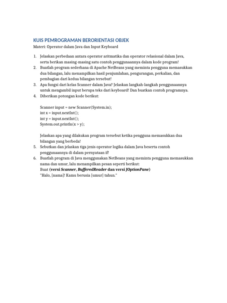 Kuis Pemrograman Java: Operator dan Input | PDF