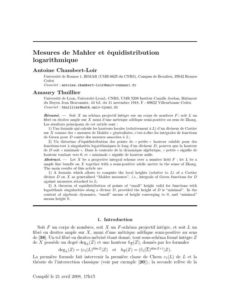 Mahler Measure and Logarithmic Equidistribution | PDF | Topologie ...