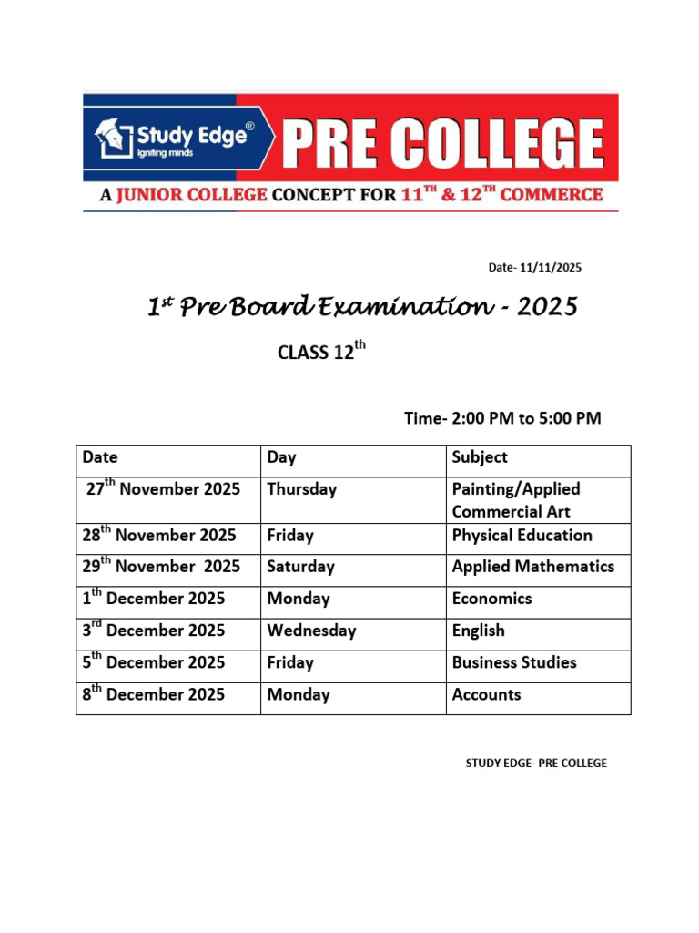 Class 12 Pre Board Exam Schedule 2025 | PDF