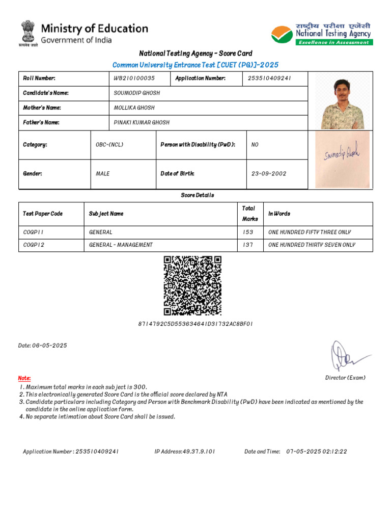 CUET PG 2025 Score Card for Soumodip Ghosh | PDF