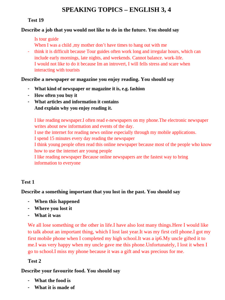 Speaking Topics for English Tests | PDF
