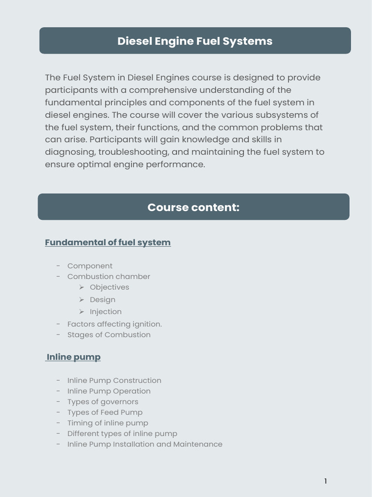 Diesel Engine Fuel Systems Course Guide | PDF | Diesel Engine | Pump