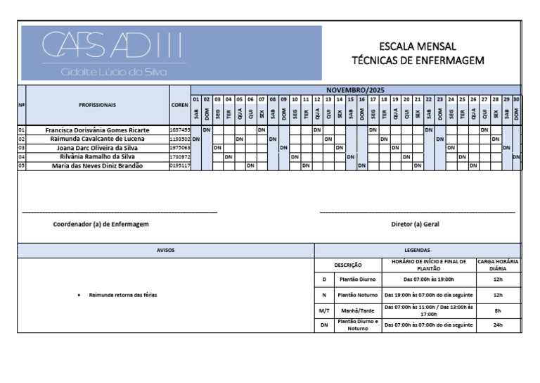 Escala Mensal de Enfermagem - Novembro 2025 | PDF