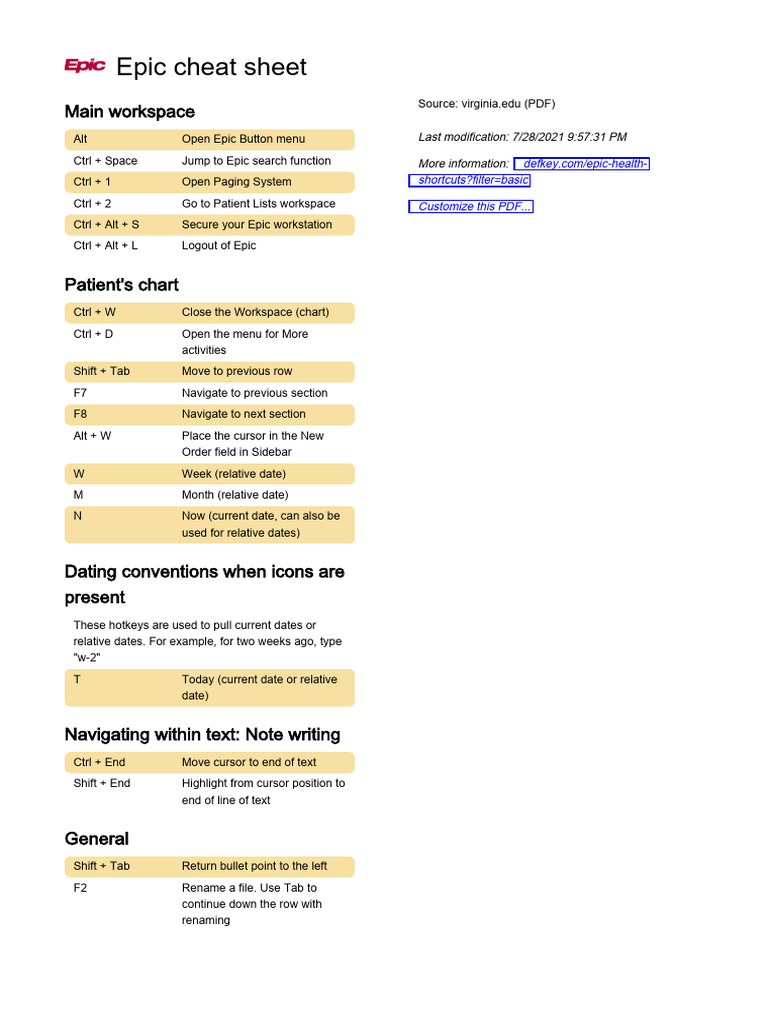 Epic Keyboard Shortcuts PDF