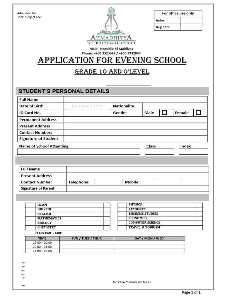Ahmadhiyya International School Evening Class Grade 10 Admission Form ...