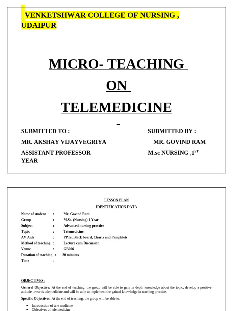 Telemedicine Micro-Teaching Lesson Plan | PDF | Health Care | Medicine