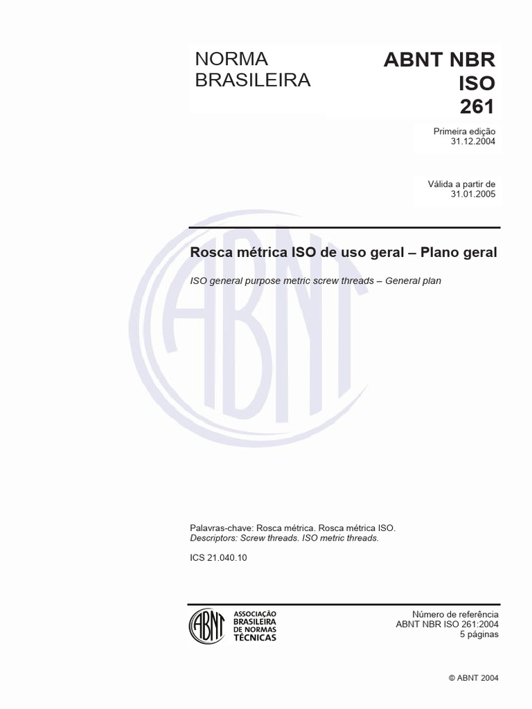 Rosca Métrica ISO: Norma ABNT NBR 261 | PDF