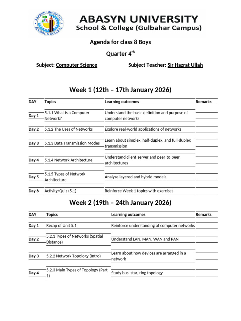 Class 8 Computer Science Agenda Q4 | PDF | Computer Network | Network ...