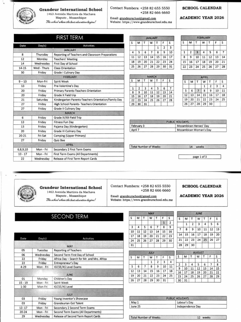 Grandeur International School Calendar 2026 | PDF | Schools ...