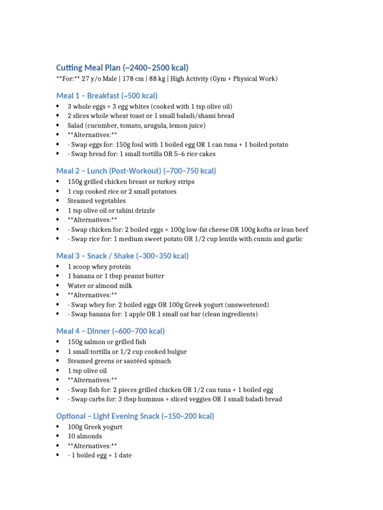 2400-2500 Calorie Cutting Meal Plan | PDF