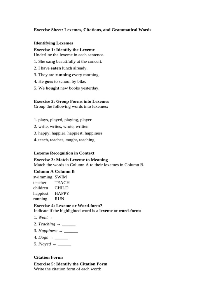 Exercise Sheet Citations Forms Lexemes | PDF | Word | Morphology ...