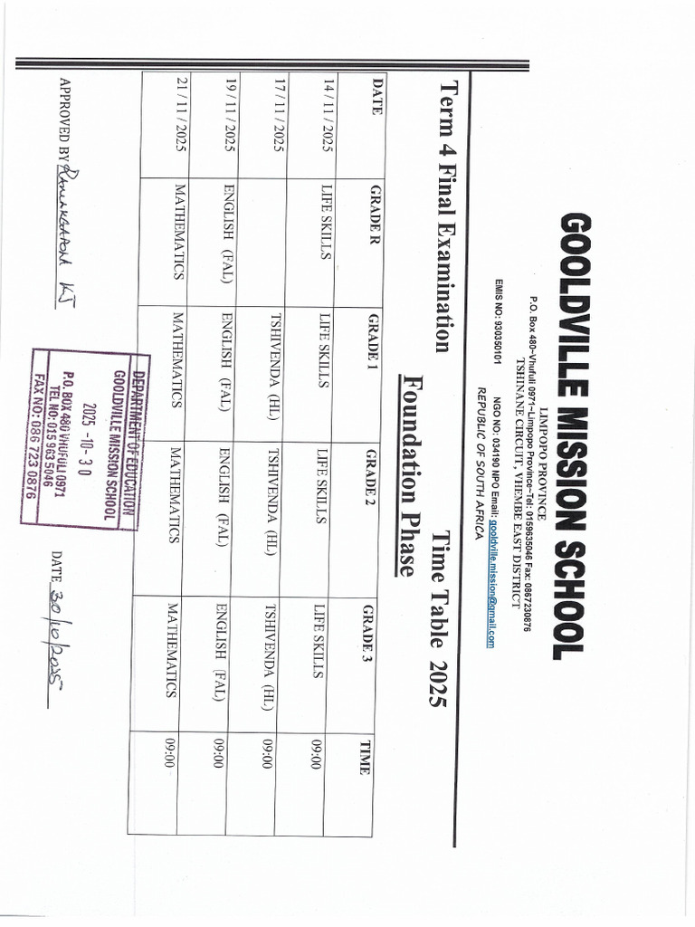 Foundation Phase Term 4 Tests Timetable | PDF