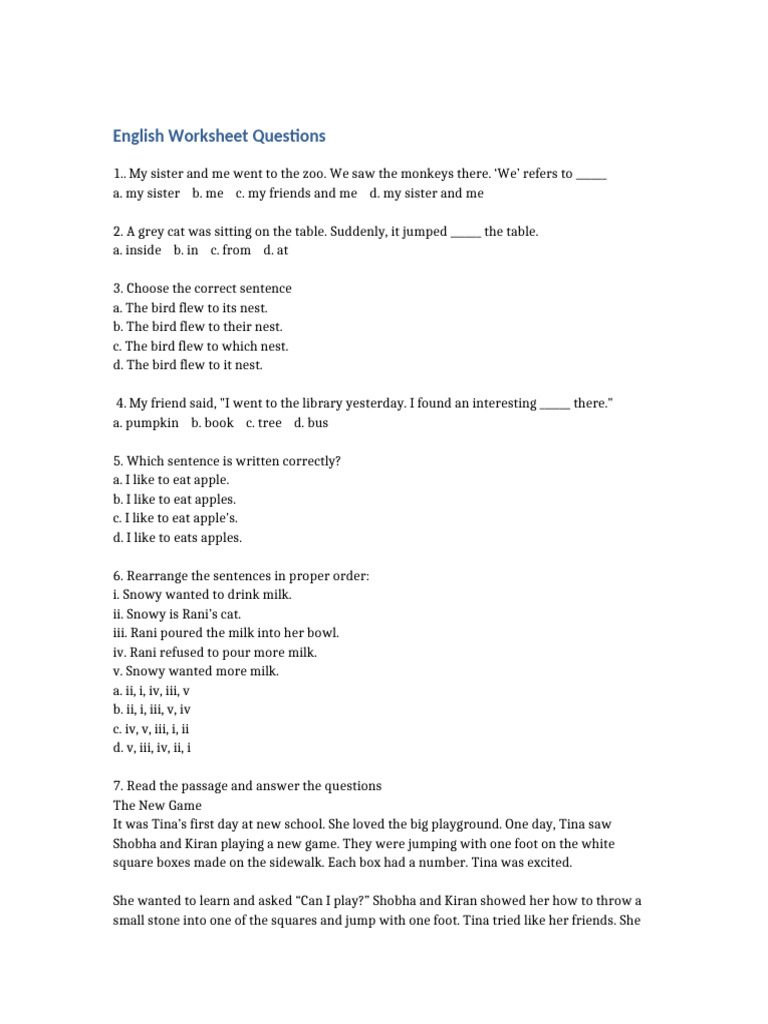 English Worksheet Questions | PDF