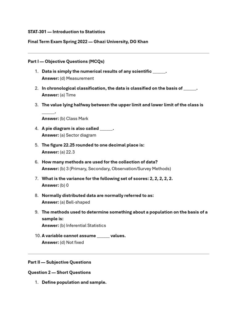 STAT-301 Final Exam Spring 2022 | PDF | Statistics | Mean