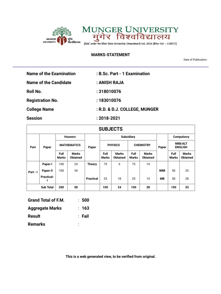 B.Sc. Part 1 Exam Marks Statement | PDF