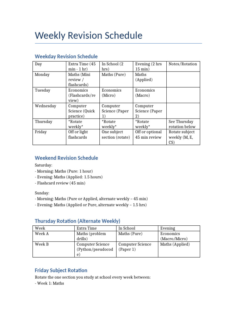 Weekly Revision Schedule for Students | PDF