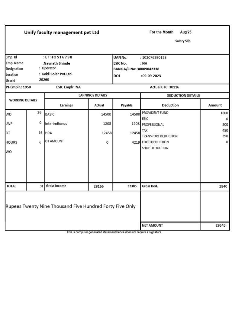 August 2025 Salary Slip for Operator | PDF | Taxes | Government Finances
