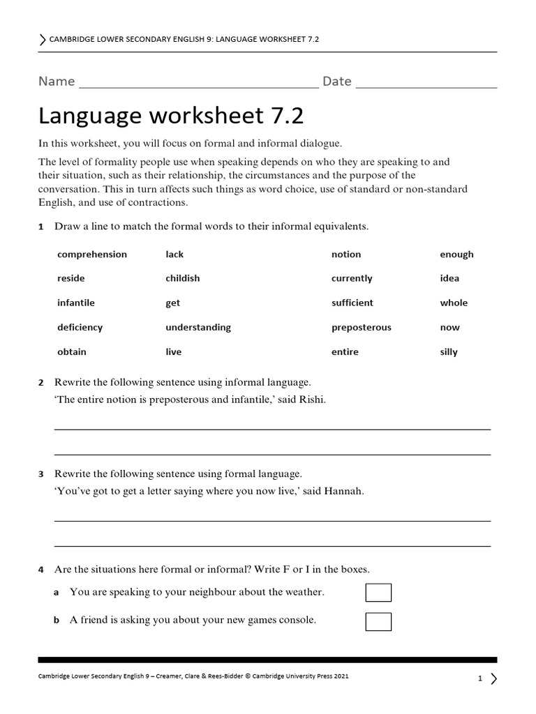 Formal vs Informal Dialogue Worksheet | PDF | English Language ...