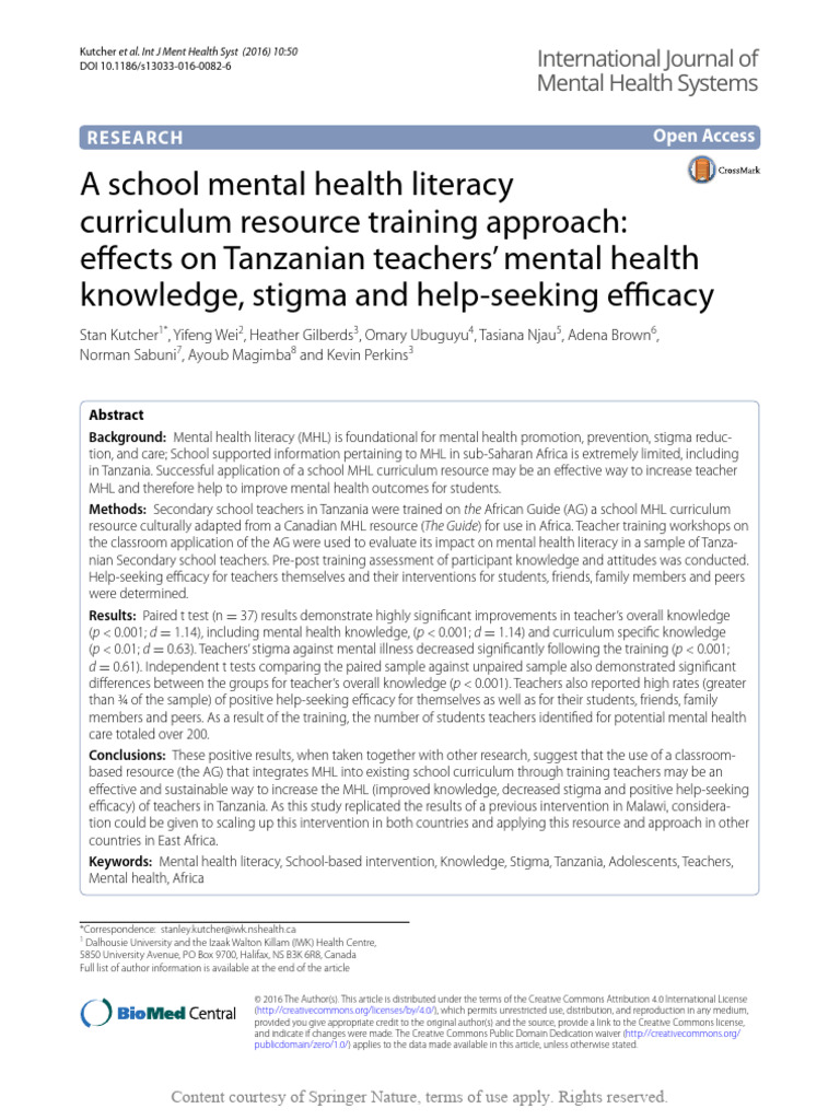 A School Mental Health Literacy Curriculum Resourc | PDF | Mental ...