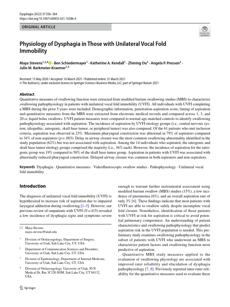 Dysphagia Physiology in Unilateral Vocal Fold Immobility | PDF