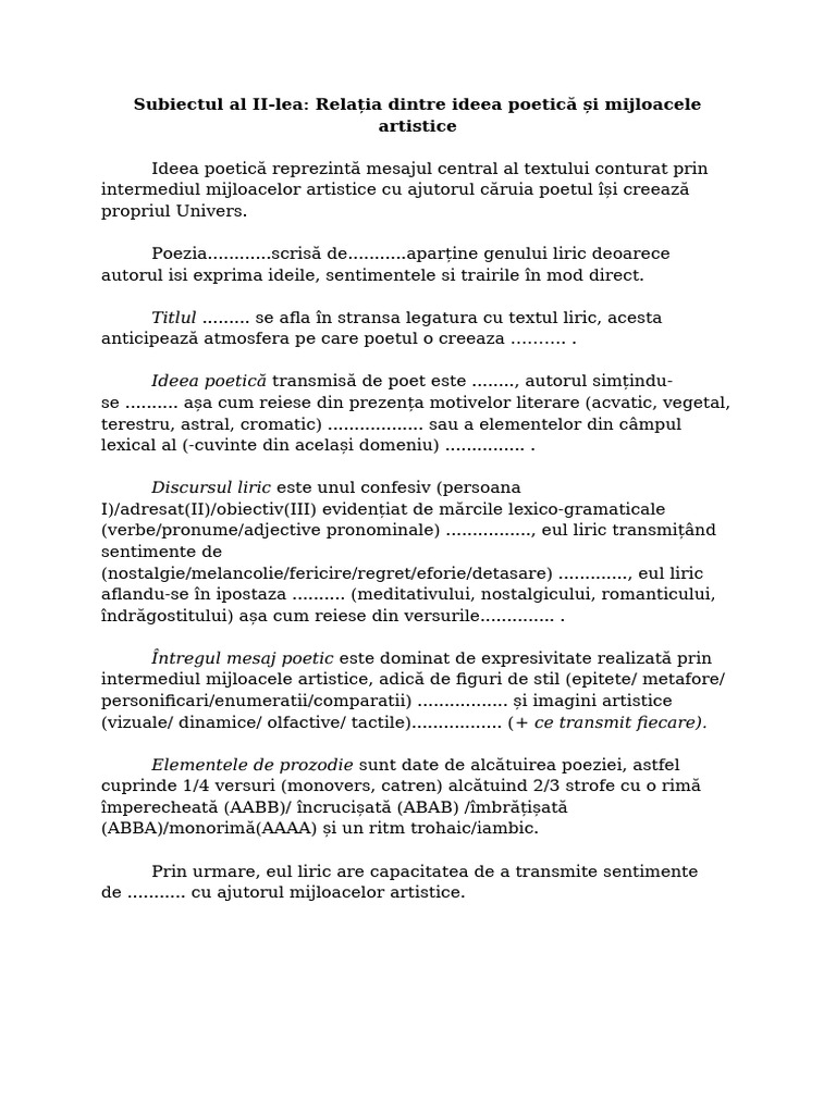 Subiectul Al II-lea - Relația Dintre Ideea Poetică Și Mijloacele ...
