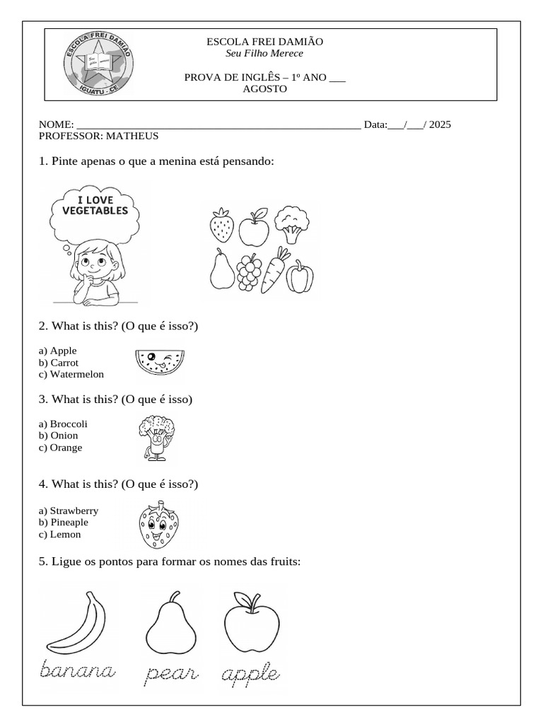Prova de Inglês - 1º Ano Escola Frei Damião | PDF