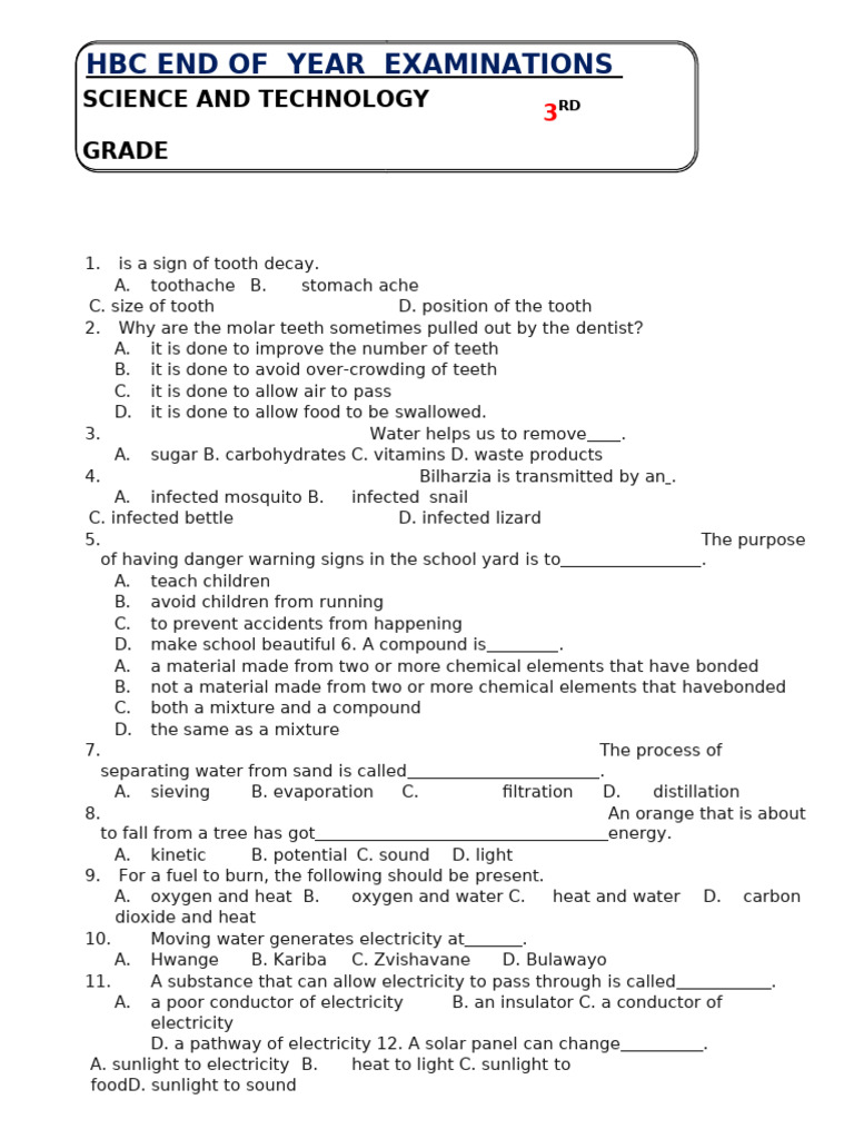 Grade 4 Science Exam Questions | PDF | Predation | Water
