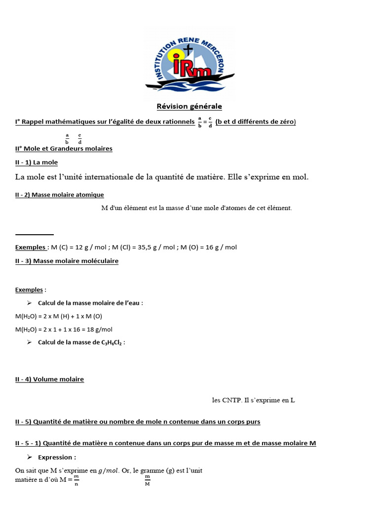 Concepts fondamentaux en chimie et mathématiques | PDF | Mole (unité ...