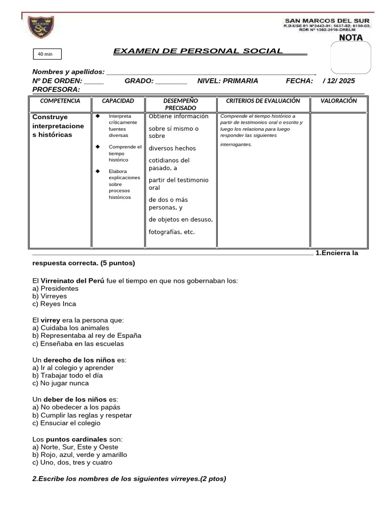 Examen de Personal Social para Primaria | PDF | Peatonal