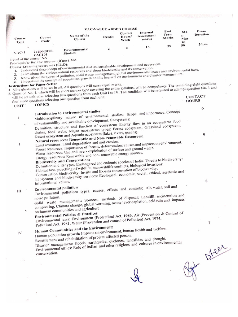 Syllabus of Environmental Studies (20UN-BOT-VAC101) of UG Botany | PDF