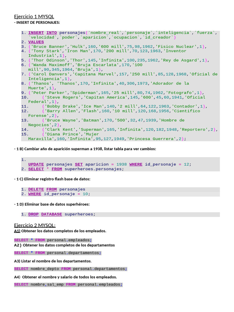 Consultas SQL para Gestión de Personajes y Empleados | PDF | Bases de ...