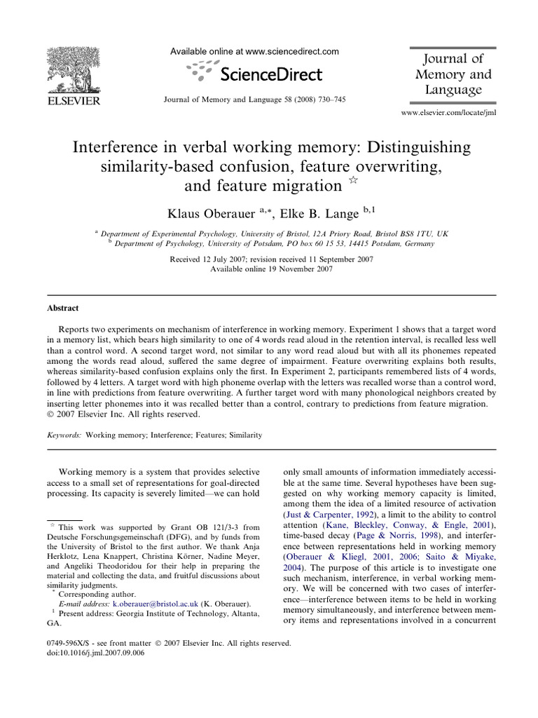 Oberauer & Lange (2008) Interference in Verbal Working Memory | PDF ...