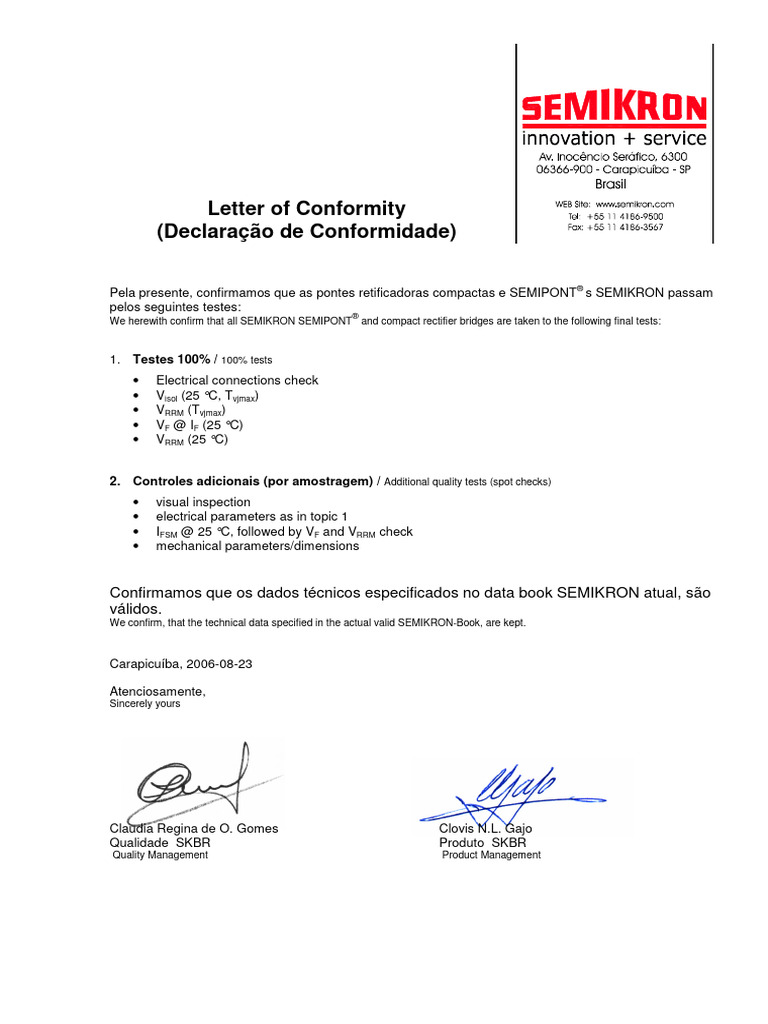 SEMIKRON Rectifier Bridges Conformity Letter | PDF