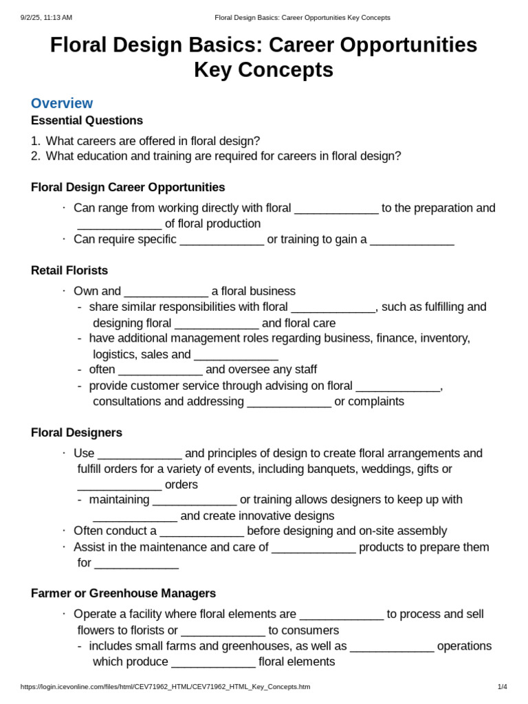 Floral Design Basics - Career Opportunities Key Concepts | PDF | Floristry | Logistics