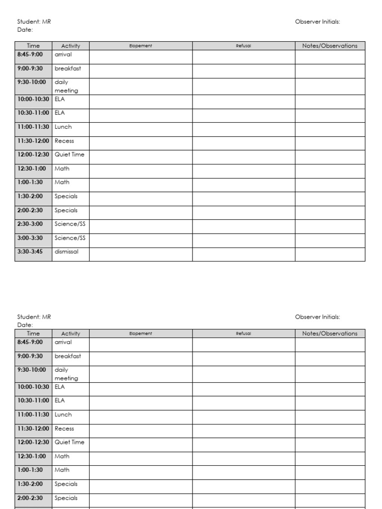 Daily Activity Log for Student MR | PDF