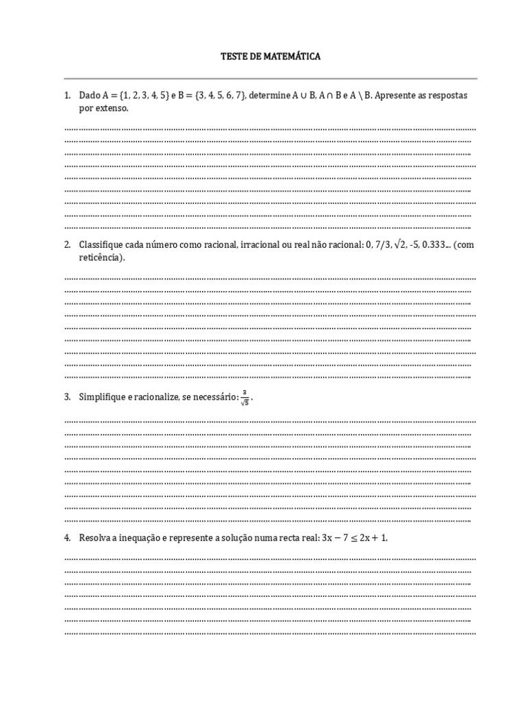 Teste de Matemática: Exercícios e Soluções | PDF