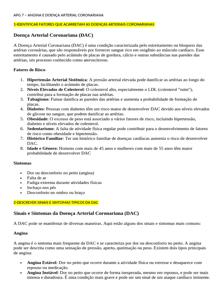 Fatores e Sintomas da Doença Arterial Coronária | PDF | Doença arterial ...