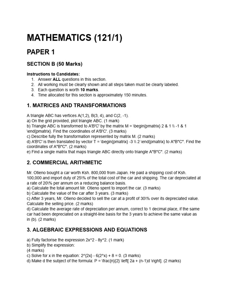 Mathematics Paper 1: Exam Questions | PDF | Matrix (Mathematics ...