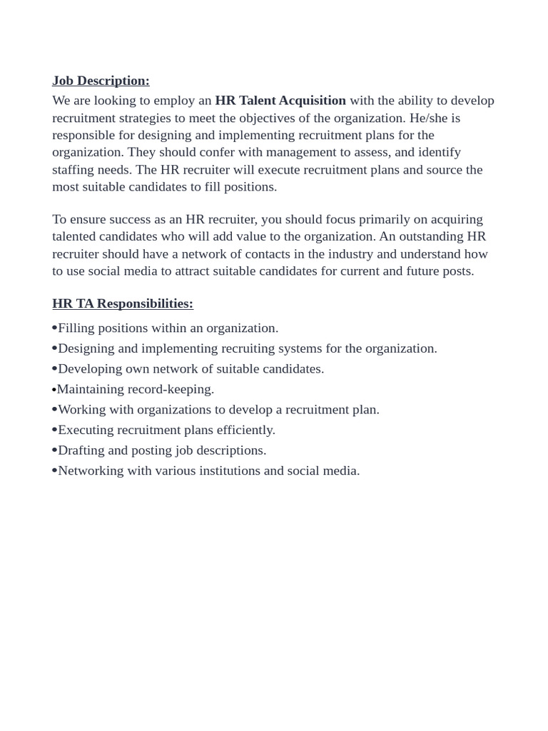 HR Talent Acquisition Job Description | PDF
