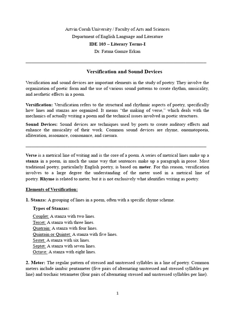 Versification and Sound Devices in Poetry | PDF | Poetry | Metre (Poetry)