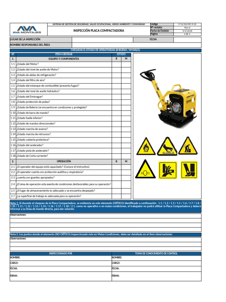 Inspección de Placa Compactadora | PDF