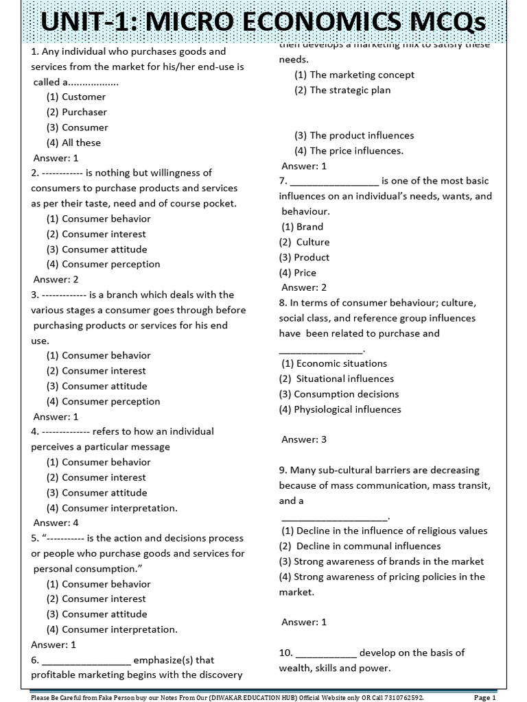 Microeconomics Consumer Behavior MCQs | PDF | Cost Of Living ...
