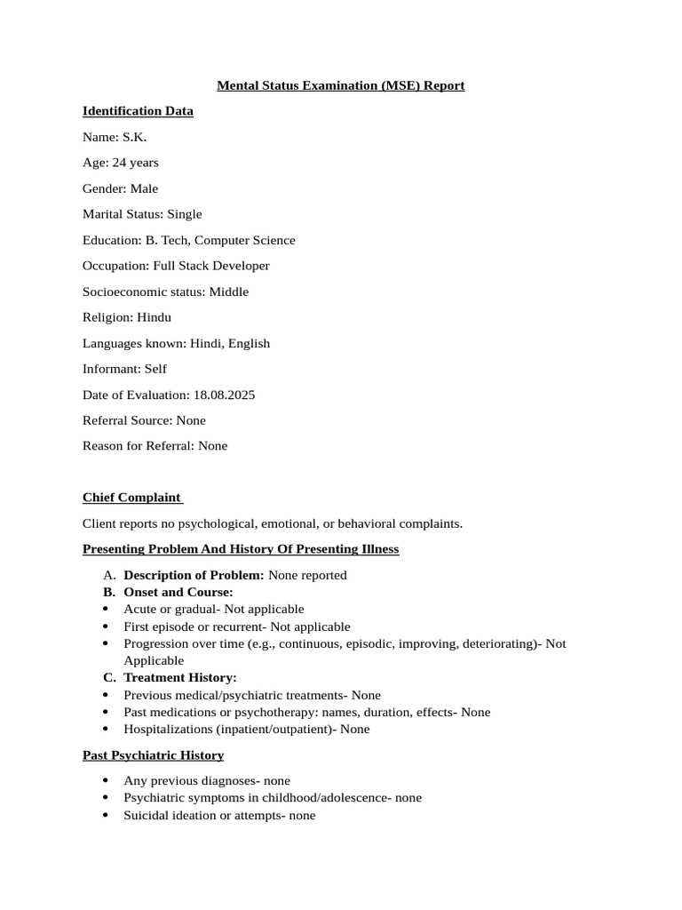 Mental Status Examination Report: S.K. | PDF | Psychiatry | Substance Abuse