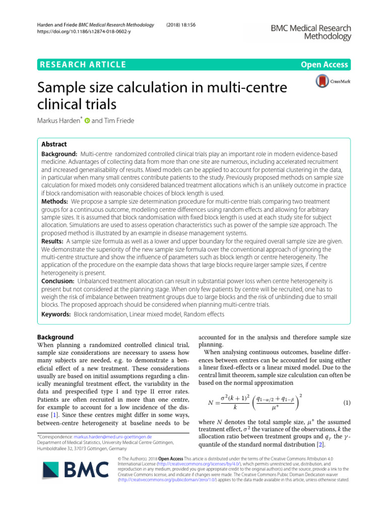 Sample Size Calculation for Multi-Centre Trials | PDF | Sample Size ...