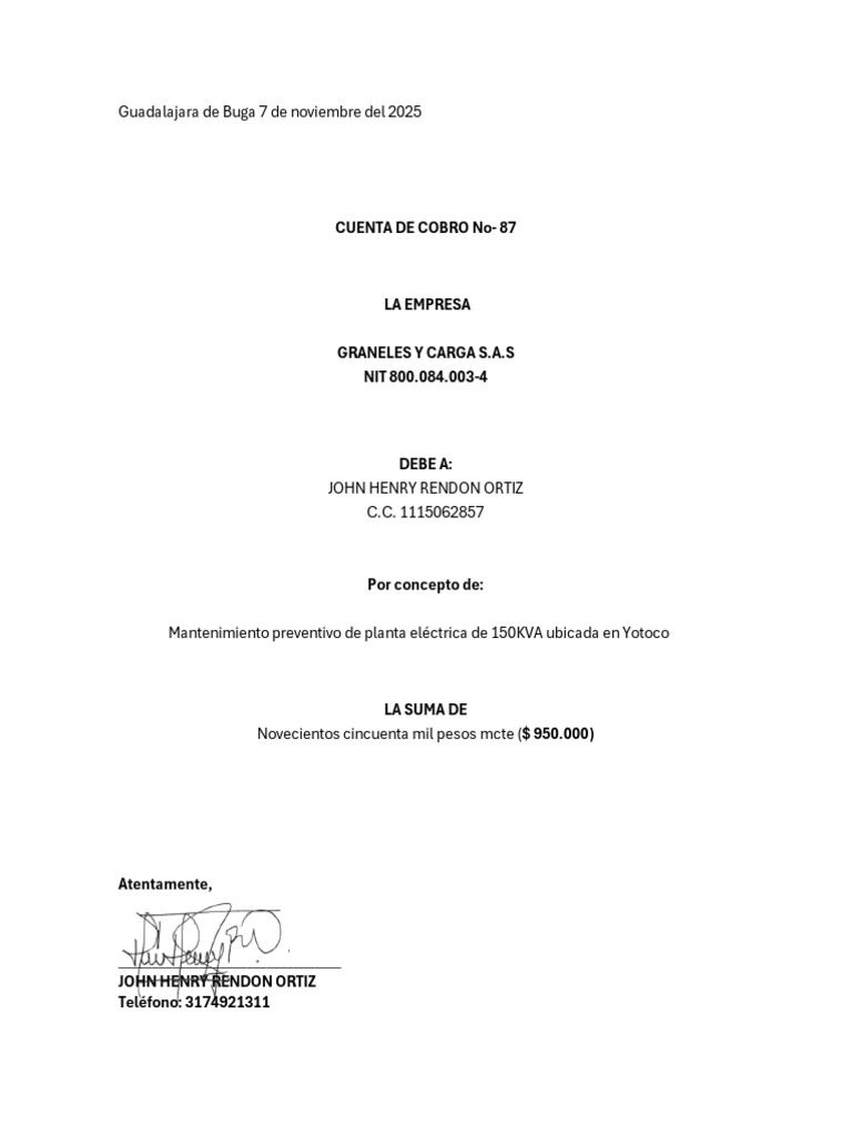 Cuenta de Cobro John Henry Rendon | PDF