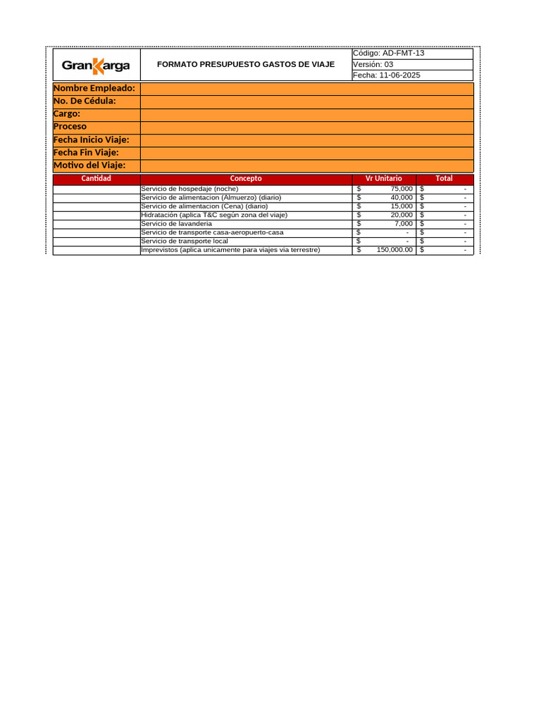 AD-FMT-13 Al 15 Formato Presupuesto Gastos de Viaje | PDF | Transporte ...