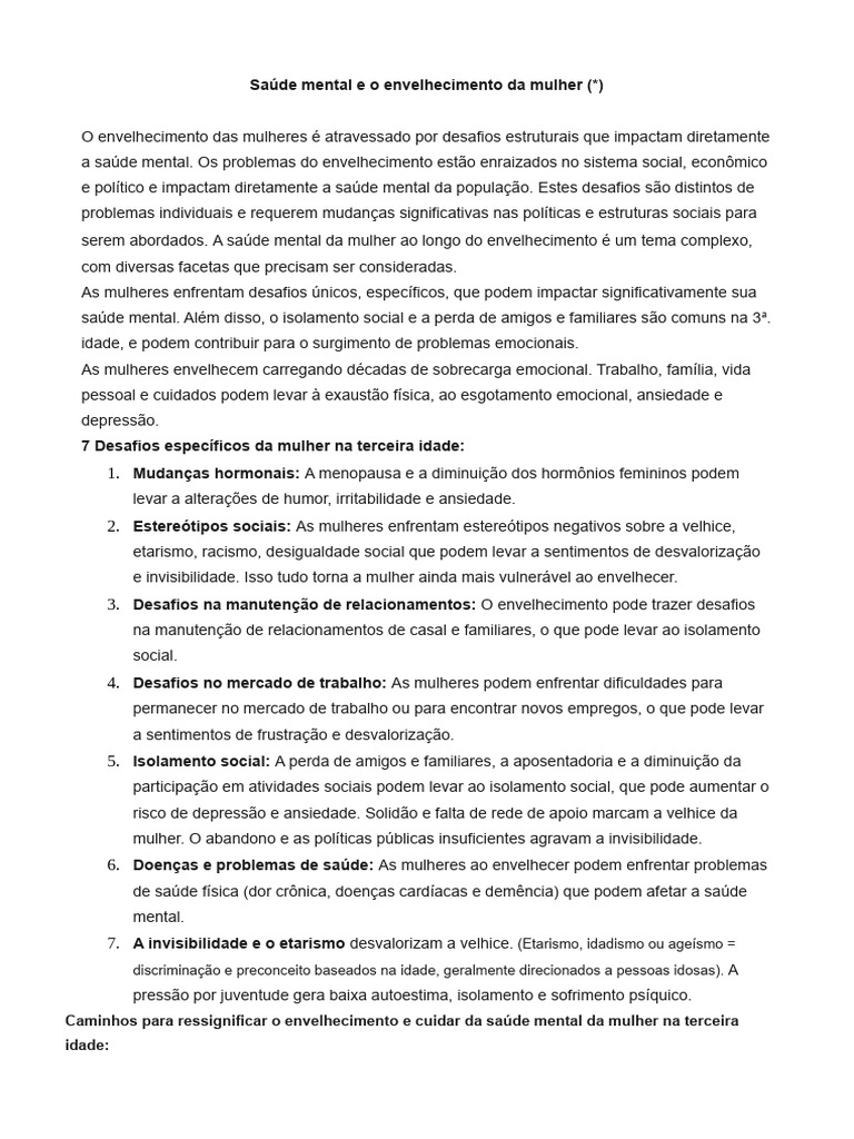 Saúde Mental e o Envelhecimento Da Mulher | PDF | Envelhecimento ...
