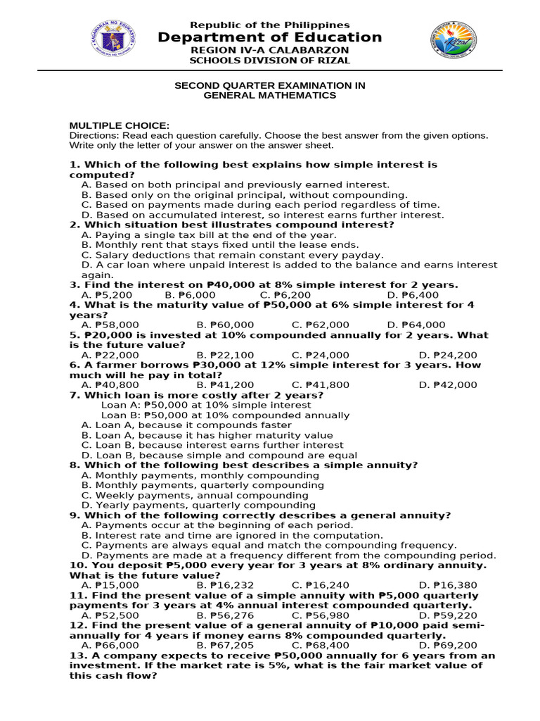 General Mathematics Exam: Philippines | PDF | Stocks | Mathematical Proof